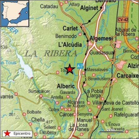 Mapa del Instituto Geográfico Nacional sobre el seísmo en Tous.