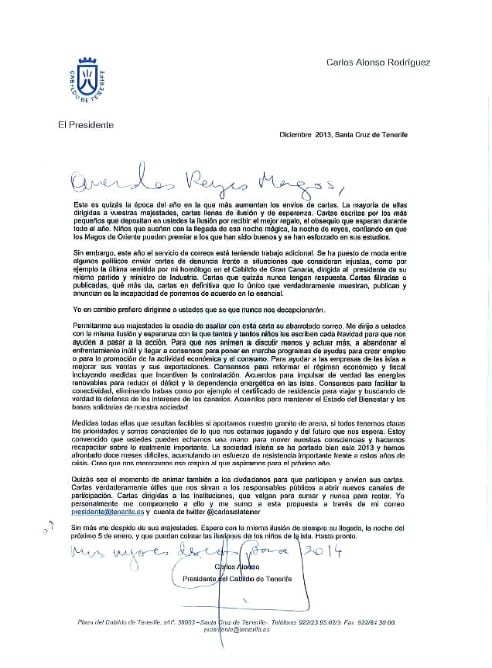 Carta de Carlos Alonso a los Reyes Magos