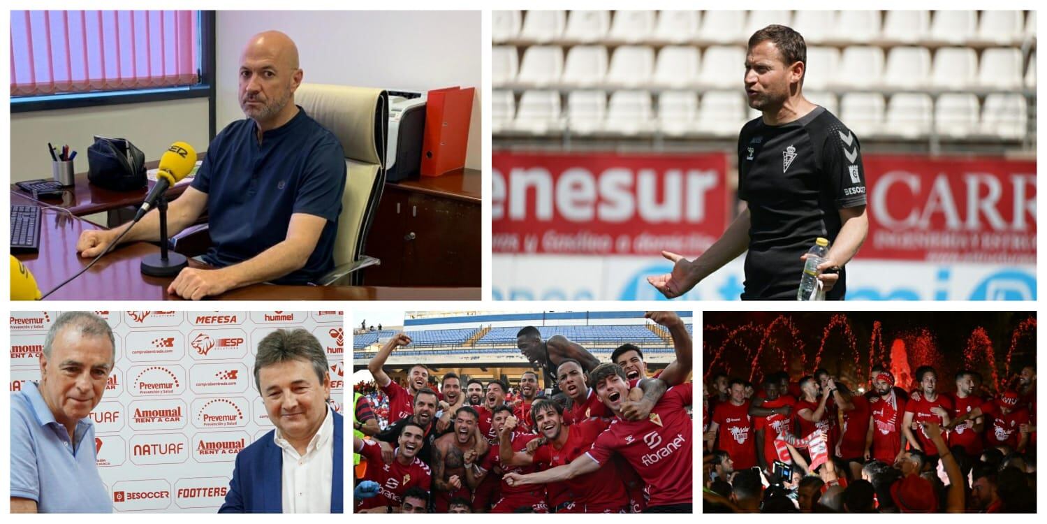 Manolo Molina y Mario Simón (arriba), Tornel y Agustín Ramos en el cambio de presidencia y la plantilla celebrando el ascenso