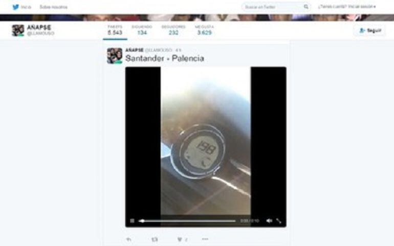 Pantallazo colgado en Twitter que demuestra la velocidad a la que circulaba el vehículo por la autovía