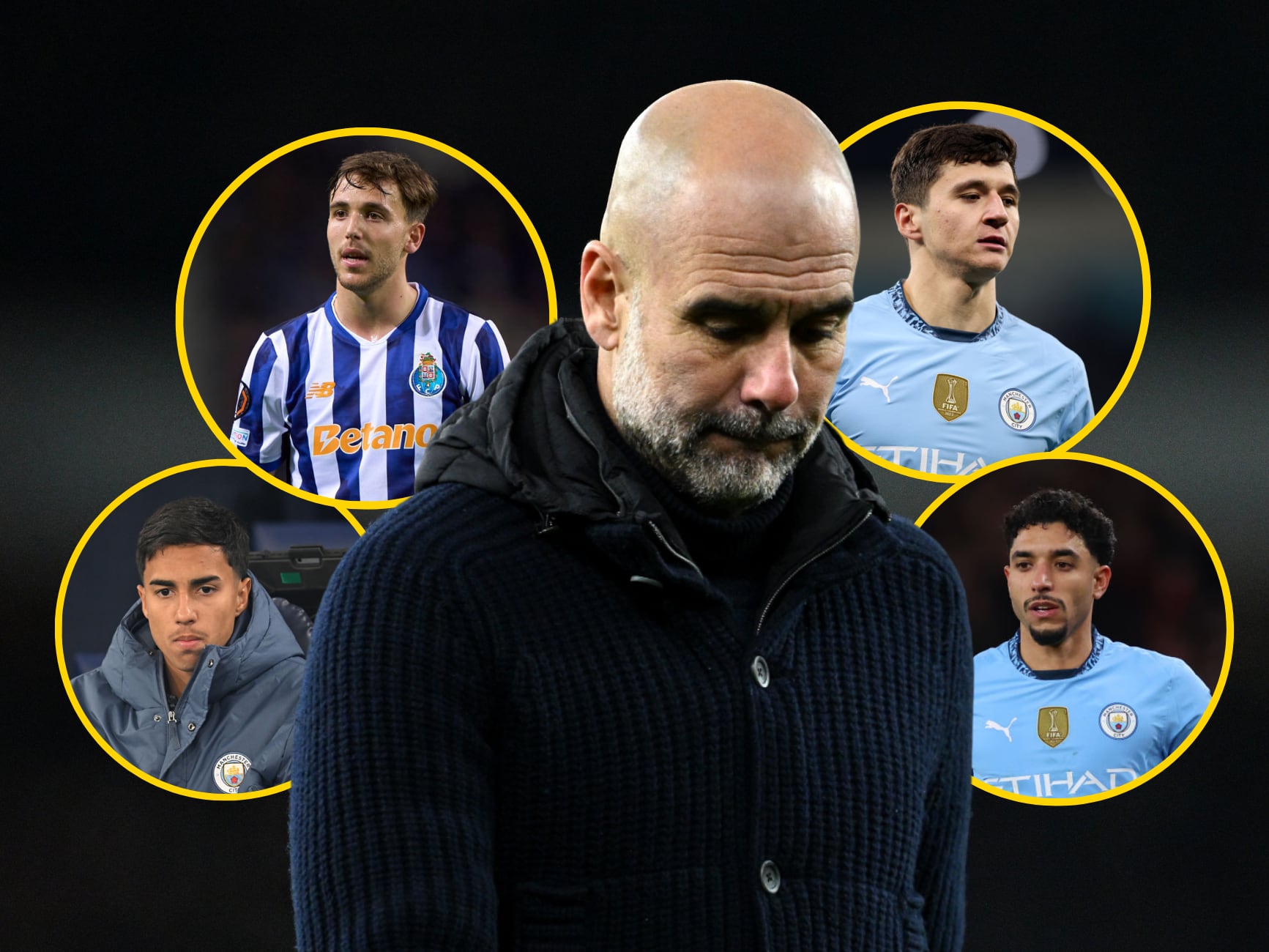 En un montaje, Guardiola junto a los cuatro fichajes del Manchester City en este mercado de invierno