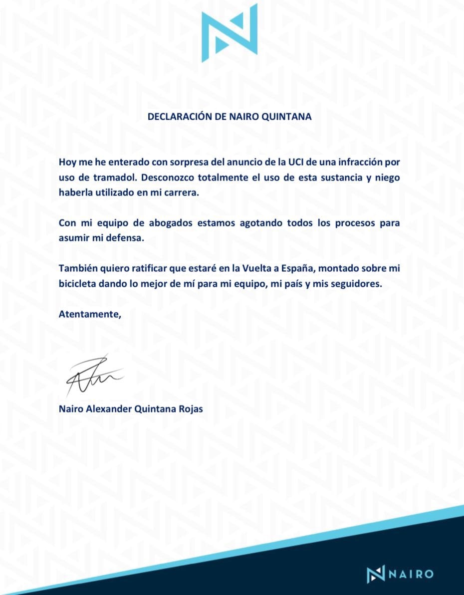 Comunicado de Nairo Quintana tras el anuncio de la UCI