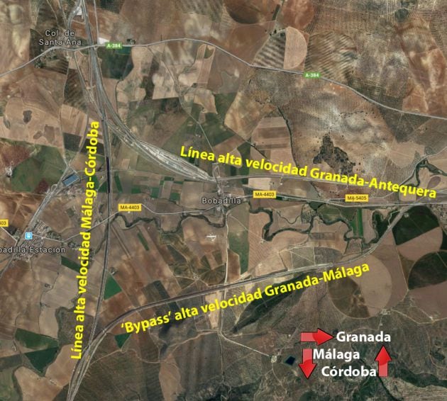 Montaje gráfico del &#039;bypass&#039; de la línea AVE Granada-Málaga sobre imagen de Google Maps