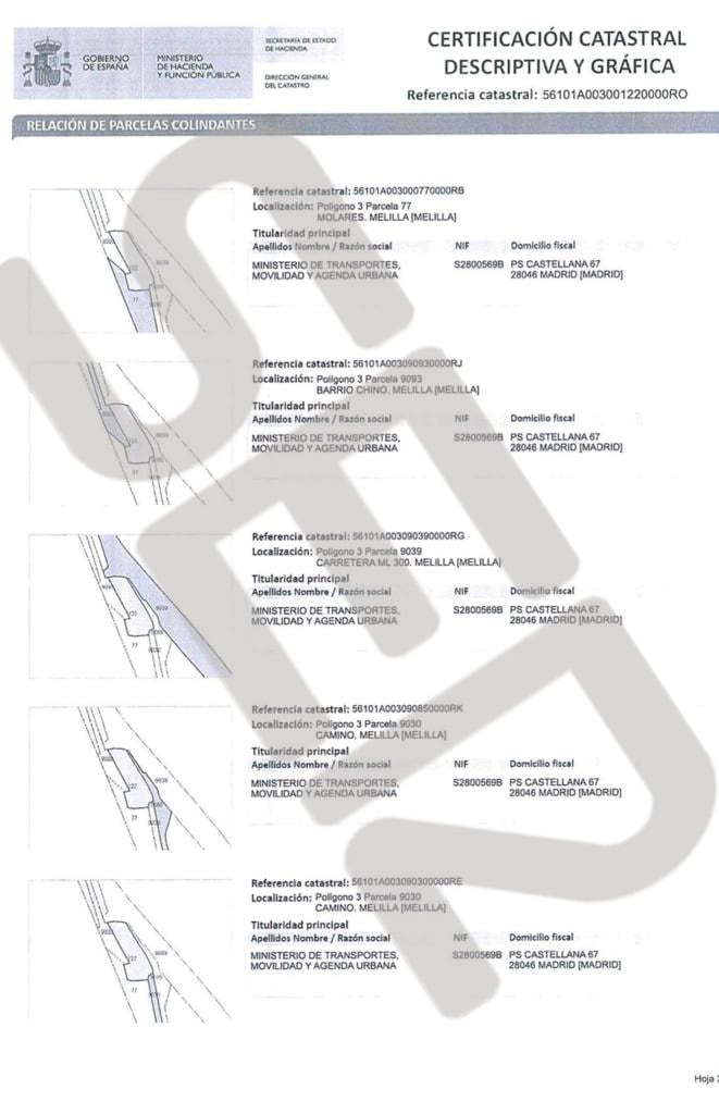 Documento del registro catastral que acredita que el titular del suelo en el que tuvo lugar la tragedia de Melilla es el Ministerio de Transportes