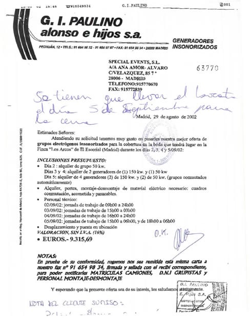 Fax remitido por Special Events a la empresa de Generadores dando el visto bueno al presupuesto y advirtiendo a los operarios que el día de la boda se lleven &quot;el bocata para la cena&quot;.