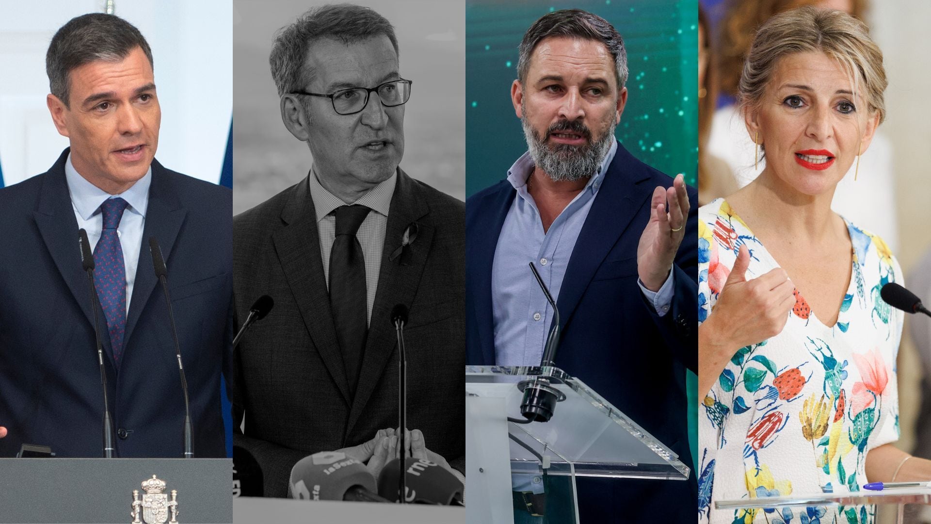 Pedro Sánchez, Alberto Núñez Feijóo, Santiago Abascal y Yolanda Díaz