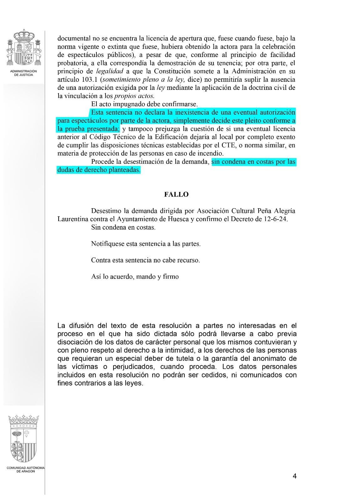 Sentencia enviada a la peña Alegría Laurentina