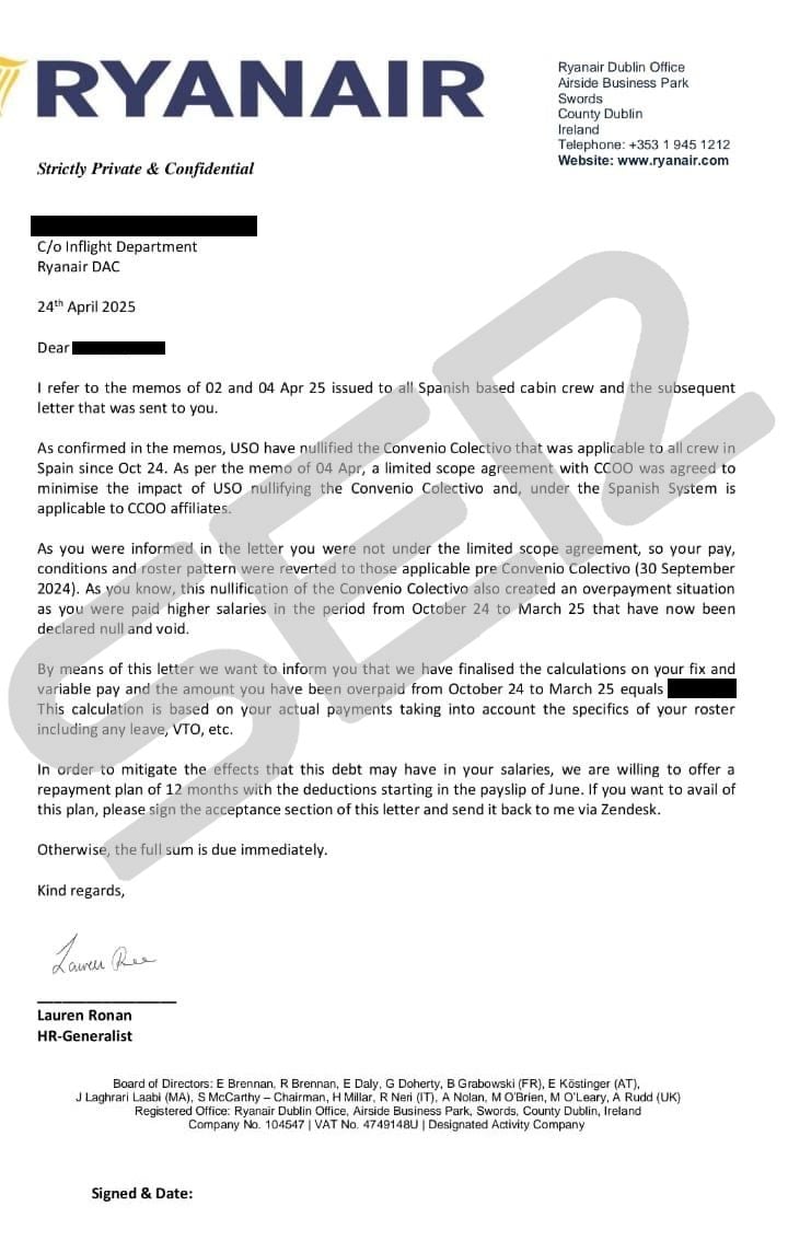 Carta de Ryanair a sus tripulantes de cabina.