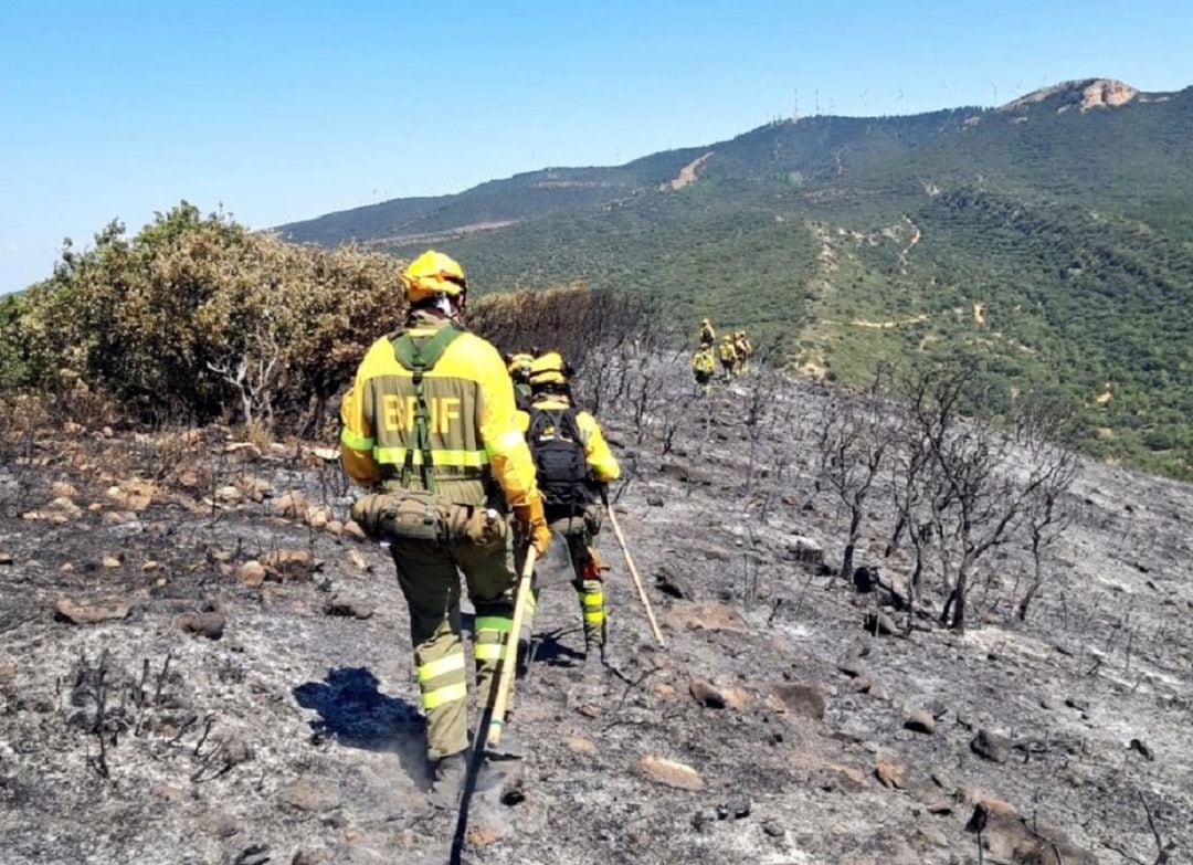 Efectivos trabajando en el incendio de Yerga que ha arrasado 360 hectáreas de terreno.