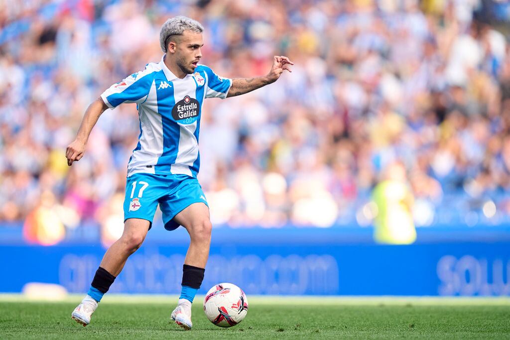 LA CORUNA, SPAIN - SEPTEMBER 01:  David Mella of RC Deportivo de La Coruna in action during the LaLiga Hypermotion match between RC Deportivo de La Coruna and Racing de Ferrol at Abanca Riazor Stadiumon September 01, 2024 in La Coruna, Spain. (Photo by Jose Manuel Alvarez/Quality Sport Images/Getty Images)