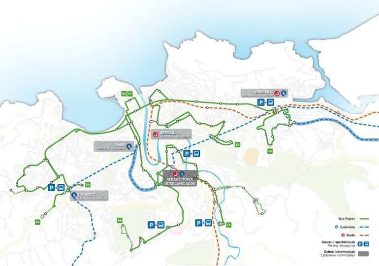 Mapa de las distintas líneas de transporte y conexiones propuestas por EH Bildu como alternativa a la pasante del metro.