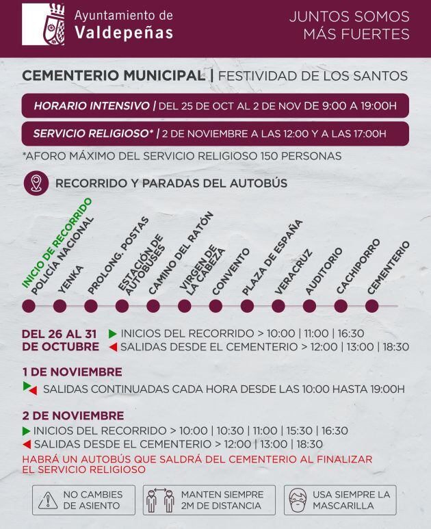 Horarios y paradas del servicio de autobuses para el día de todos los santos en Valdepeñas (Ciudad Real)