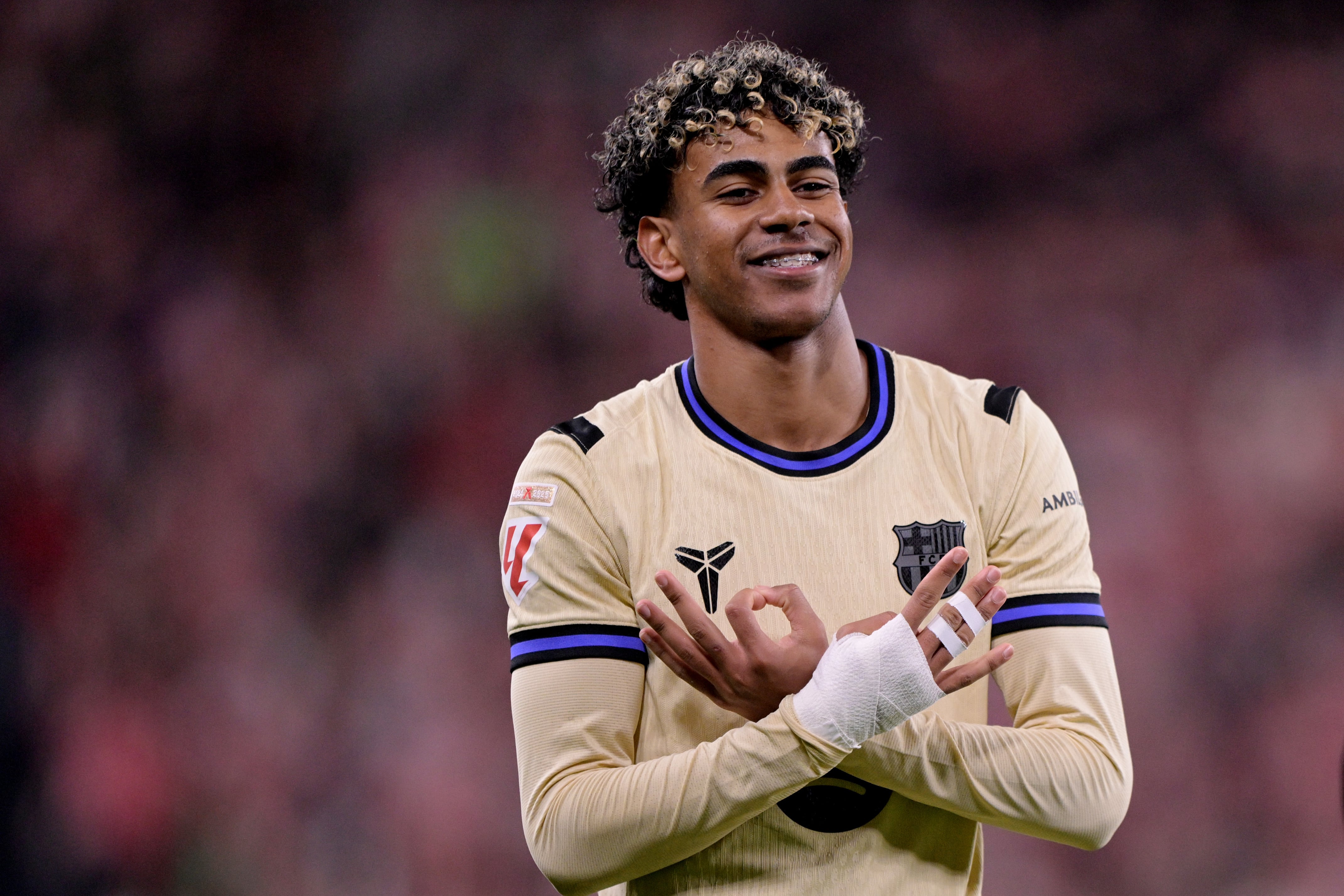 BILBAO, SPAIN - MARCH 7: Lamine Yamal of FC Barcelona celebrates 0-1  during the LaLiga EA Sports  match between Athletic de Bilbao v FC Barcelona at the San Mames Stadium on March 7, 2026 in Bilbao Spain (Photo by Cesar Ortiz/Soccrates/Getty Images)