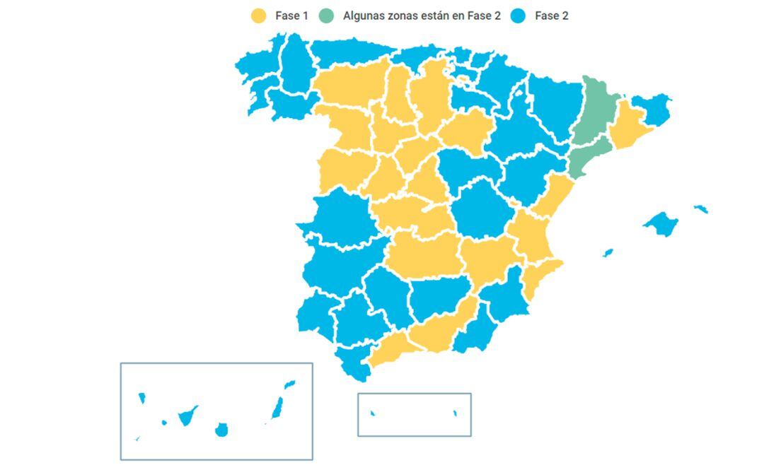 Mapa de las provincias y su fase en la desescalada