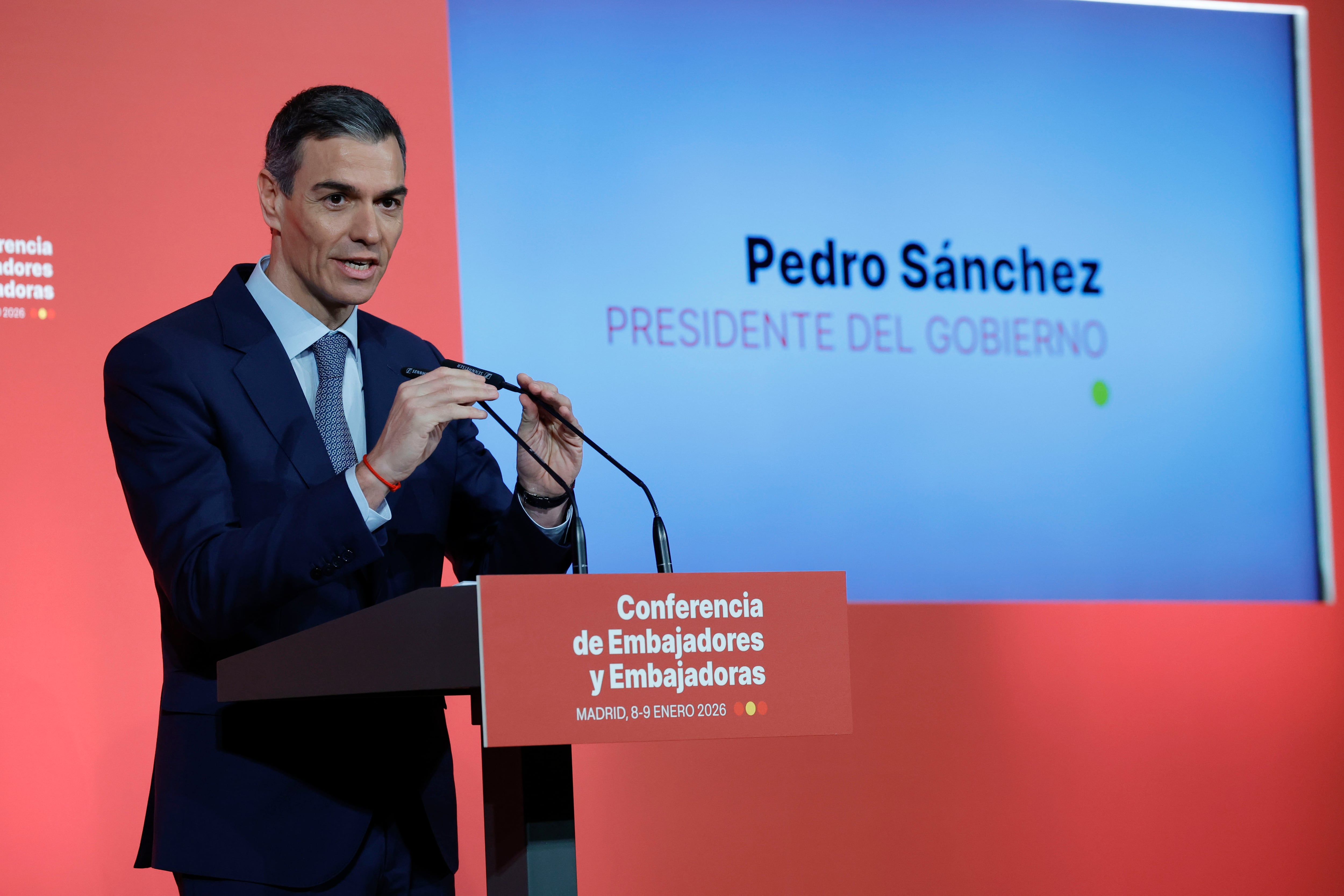 El presidente del Gobierno, Pedro Sánchez, en la Conferencia de Embajadores. 