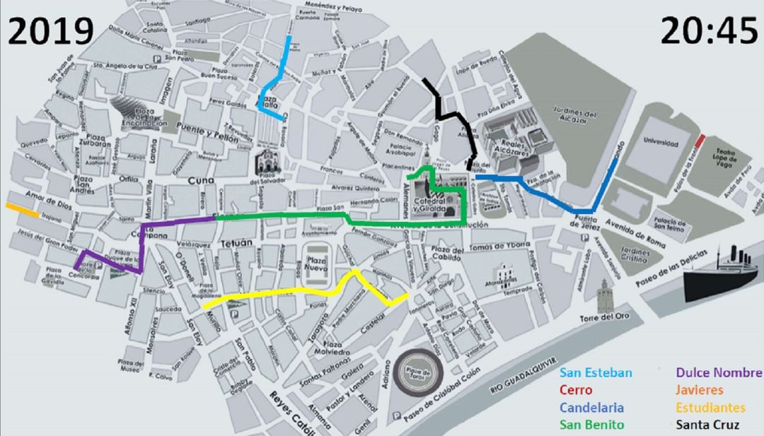 Según la propuesta del Consejo, así sería el Martes Santo de 2019 en el centro de la ciudad a eso de las 20:45 horas de la tarde.