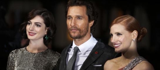 Anne Hathaway, Matthew McConaughey y Jessica Chastain en la presentación de la película en Londres