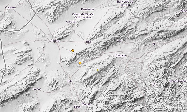 El Instituto Geográfico Nacional registra tres terremotos, en poco más de una hora, entre Biar y Castalla.