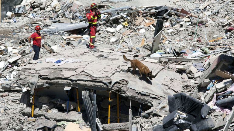 Personal de rescate trabajando en el lugar del derrumbe del inmueble. 