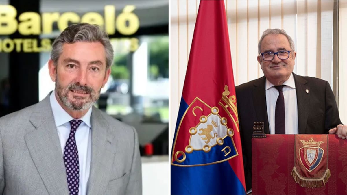 Gaspar Saéz, gerente de Barceló en el Sur y el Levante, y Luis Sabalza, presidente del Osasuna, dan su último adiós a Nacho Ansó