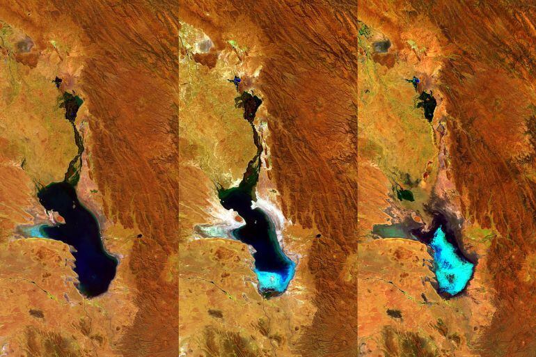 Fotografía facilitada por la Agencia Espacial Europea (ESA) que han confirmado la &quot;evaporación completa&quot; del lago Poopó de Bolivia.