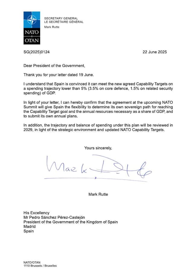 Carta de Mark Rutte a Pedro Sánchez sobre el gasto en defensa