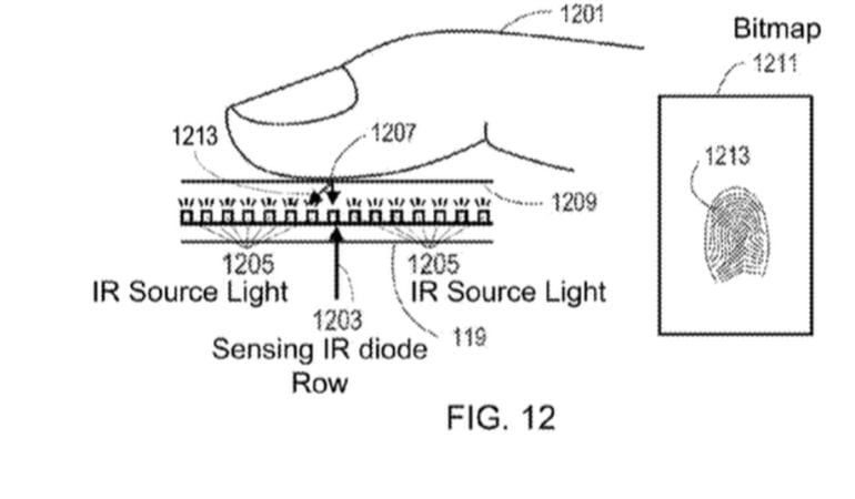 La nueva patente muestra una nueva tecnología que reconoce la huella dactilar en la pantalla. 