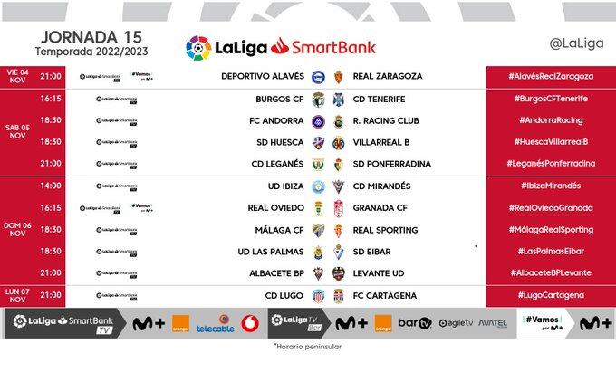 Horarios de la jornada 15 en Segunda División