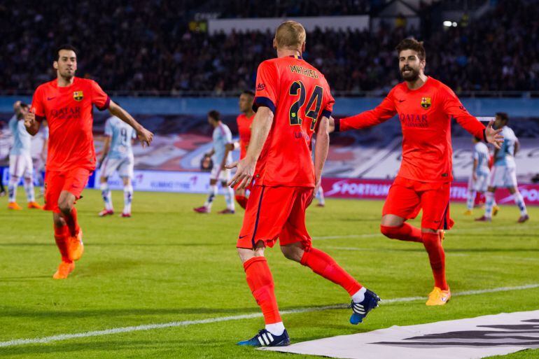 Mathieu celebra su gol ante el Celta de Vigo.