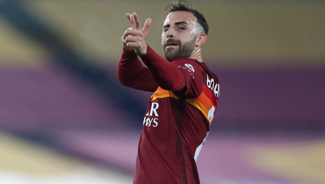 Borja Mayoral celebra un tanto con la Roma.