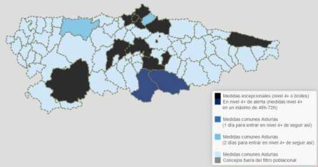 Sobre el mapa de la región se muestran, en distintos colores, el nivel de alerta y las medidas decretadas en consecuencia