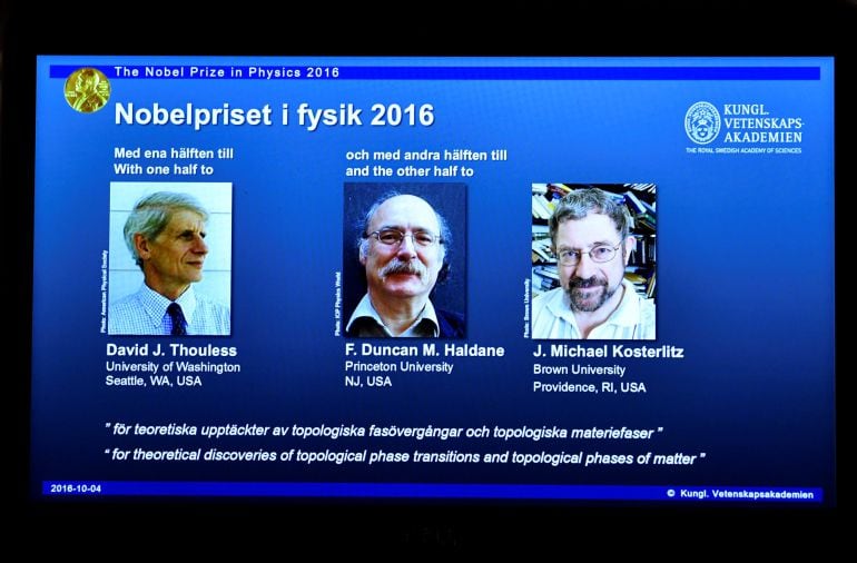 Imagen de los tres investigadores británicos que han recibido el premio Nobel de Física del año 2016.