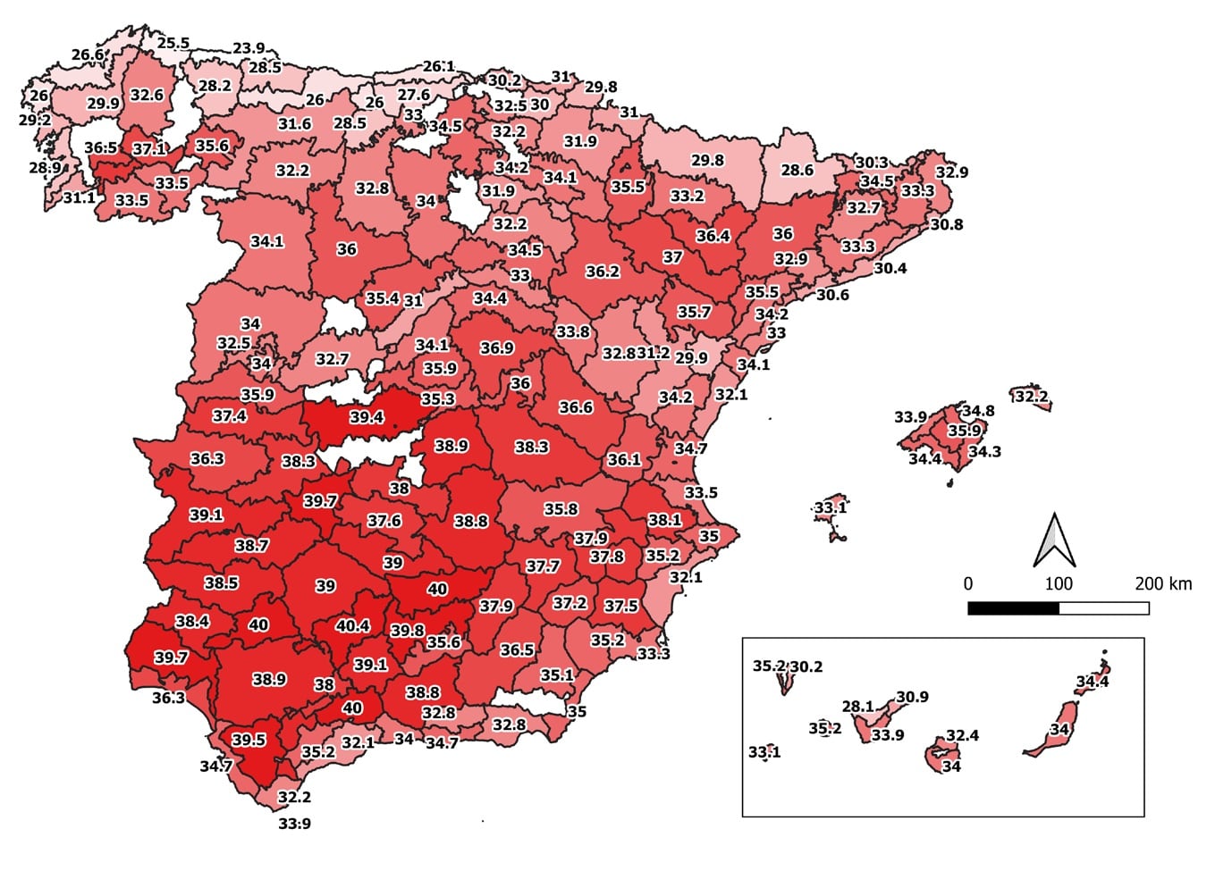 Mapa elaborado por el instituto de salud Carlos III. En cada pequeña zona geográfica, más pequeña que las provincias, el valor de temperaturas a la que se disparan las muertes por calor.