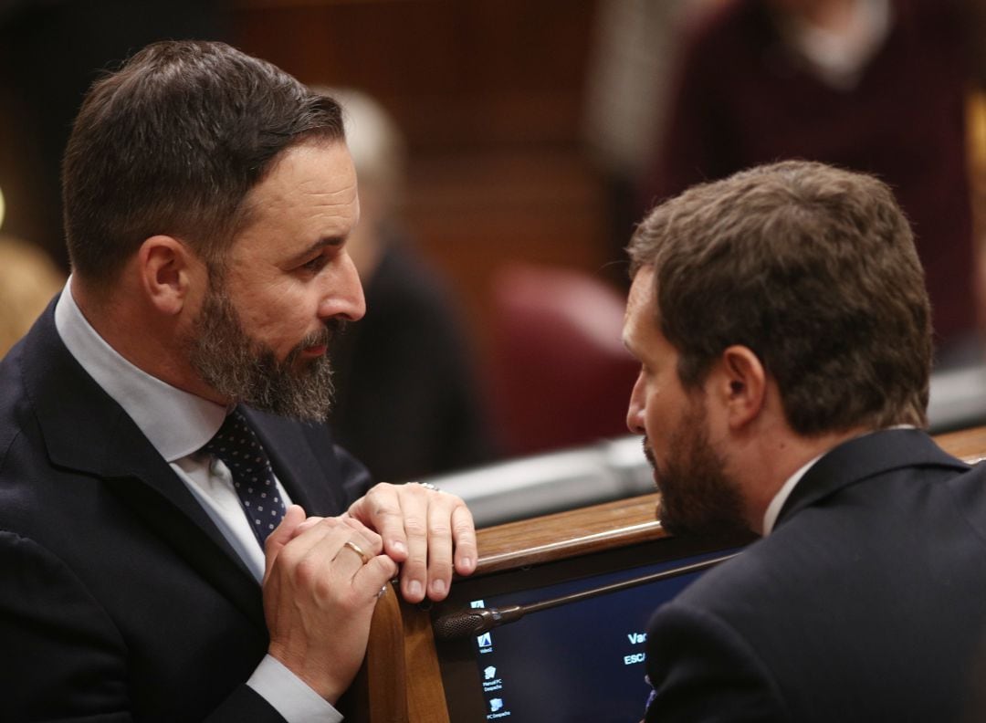 Santiago Abascal y Pablo Casado conversan en el Congreso