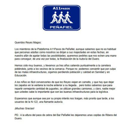 Esta es la carta redactada por la Plataforma A11 Pasos Peñafiel a Sus Majestades los Reyes Magos de Oriente.