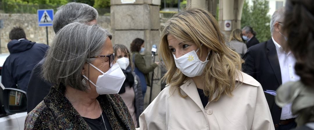 La vicepresidenta tercera y ministra de Trabajo y Economía Social, Yolanda Díaz, a su llegada a la presentación de un libro sobre estabilidad financiera