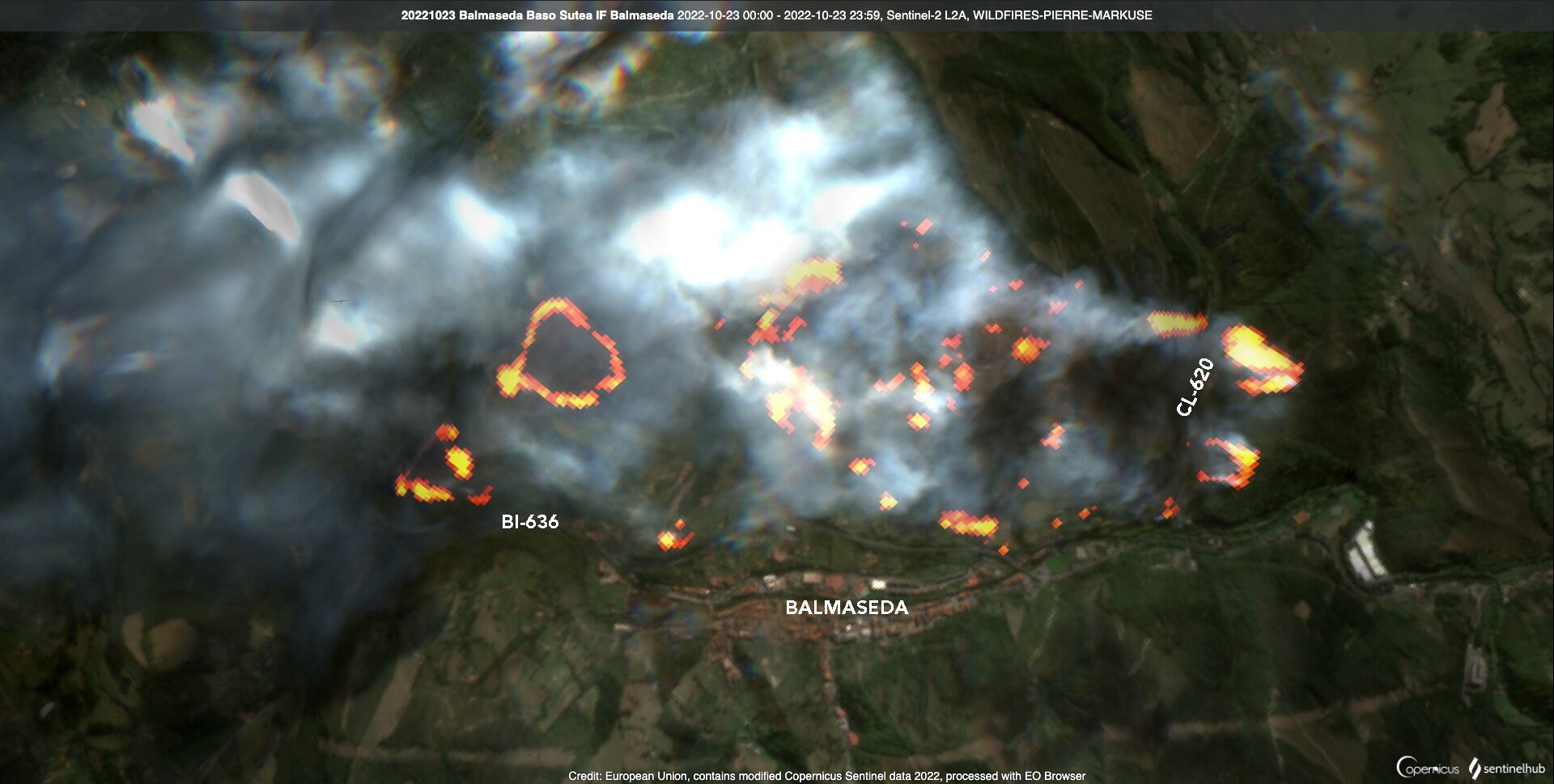 Imagen del incendio de Balmaseda captado por el Copernicus