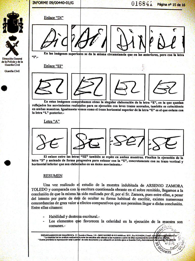 Informe grafológico en el que la Guardia Civil asevera que el autor del cocumento es el acusado Arsenio Zamora Toledo. 