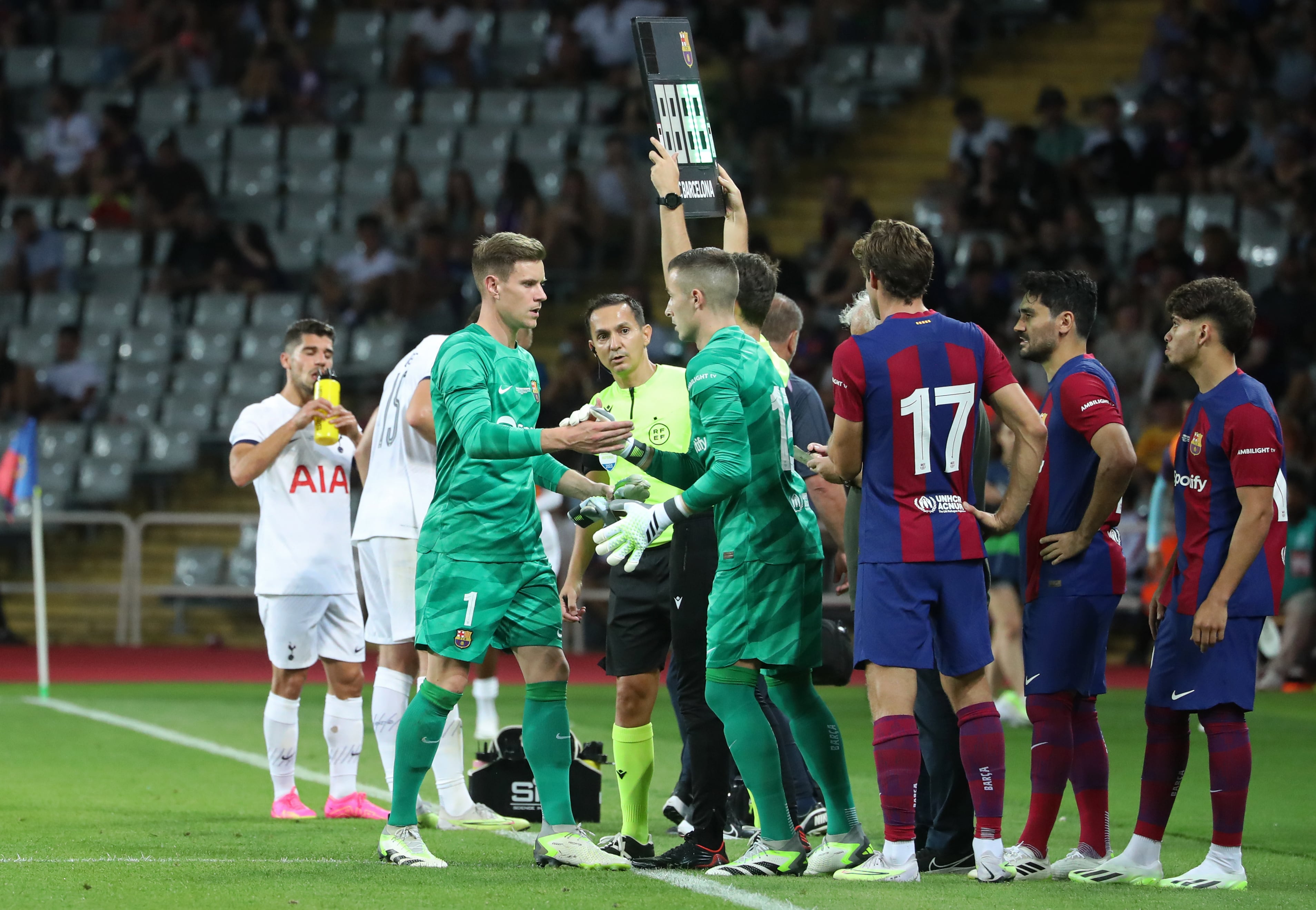 Marc-Andre ter Stegen and Inaki Pena during the match between FC Barcelona and Tottenham Hostpur FC, corresponding to the Joan Gamper Trophy, played at the Olympic Stadium Lluis Companys, in Barcelona, on 08th August 2023. (Photo by Joan Valls/Urbanandsport /NurPhoto via Getty Images) -- (Photo by Urbanandsport/NurPhoto via Getty Images)