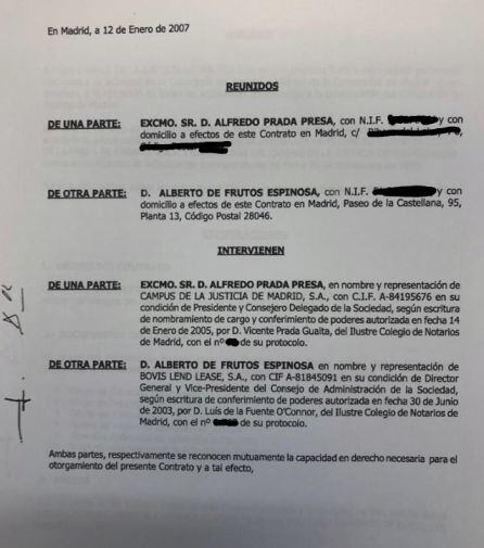 Imagen del contrato que firmó Alfredo Prada en 2007 con la empresa Bovis Lend