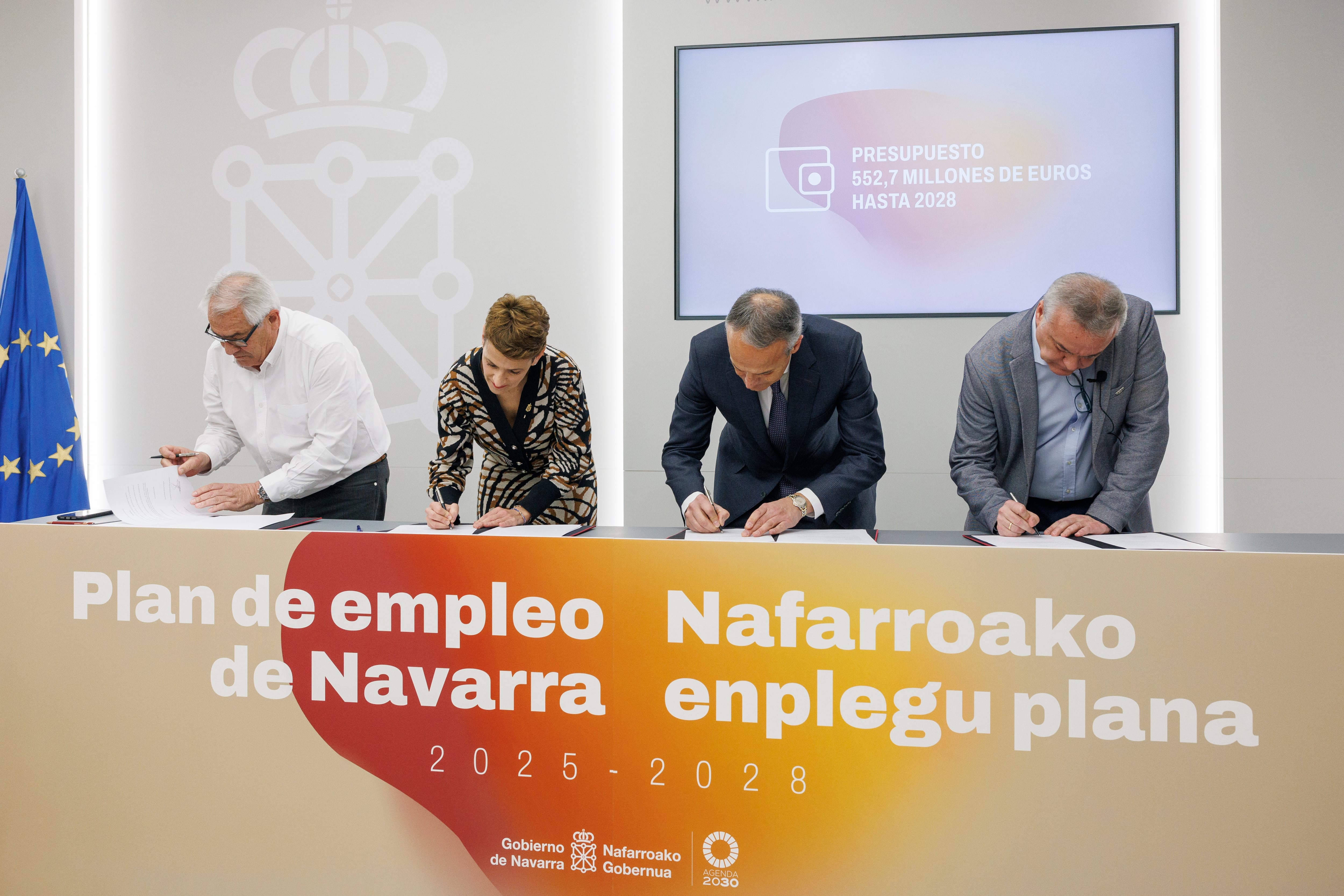 El Gobierno de Navarra, La Confederación Empresarial de Navarra (CEN) y los sindicatos UGT y CCOO han firmado este martes el Plan de Empleo 2025-2028