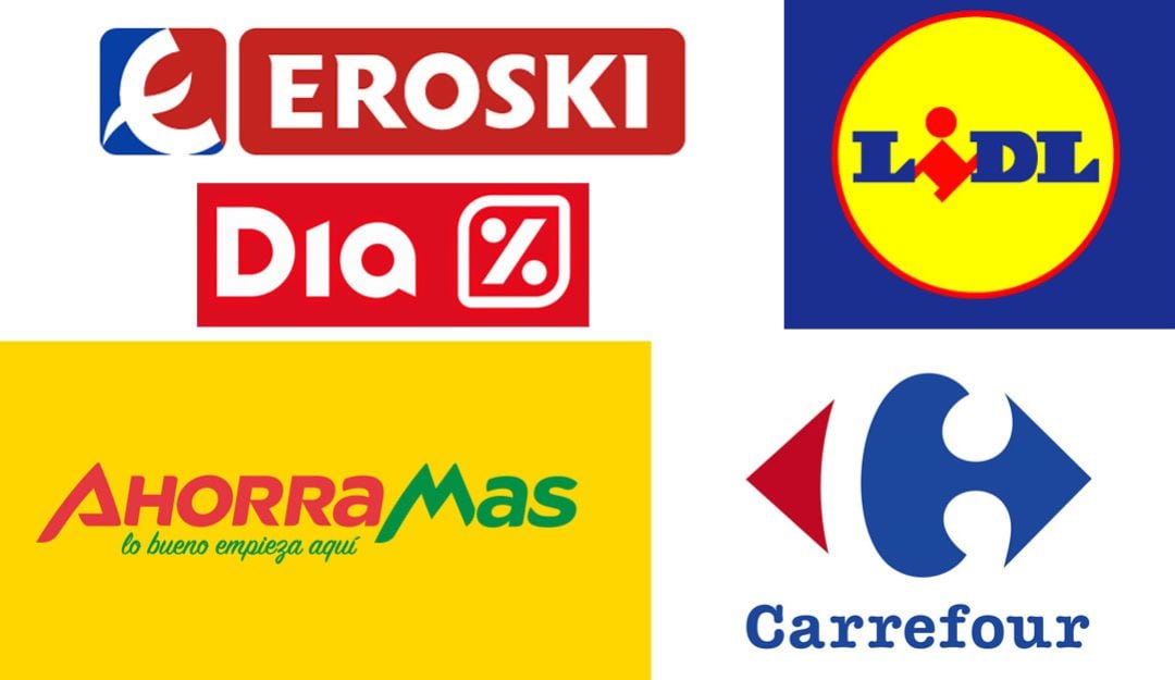 Logos de los supermercados Eroski, Día, Lidl, Ahorra Más y Carrefour