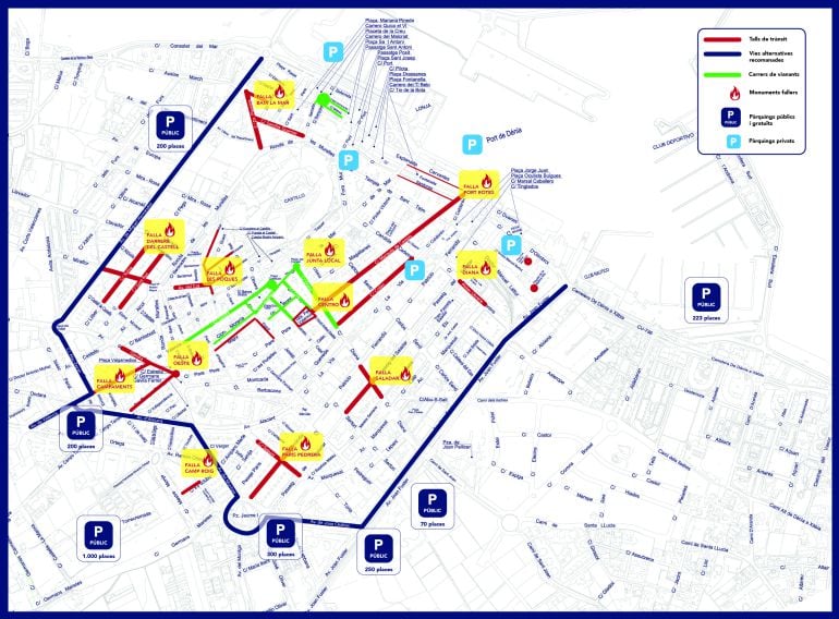 Plano de cortes de calle, en Dénia, con motivo de la plantà de fallas.