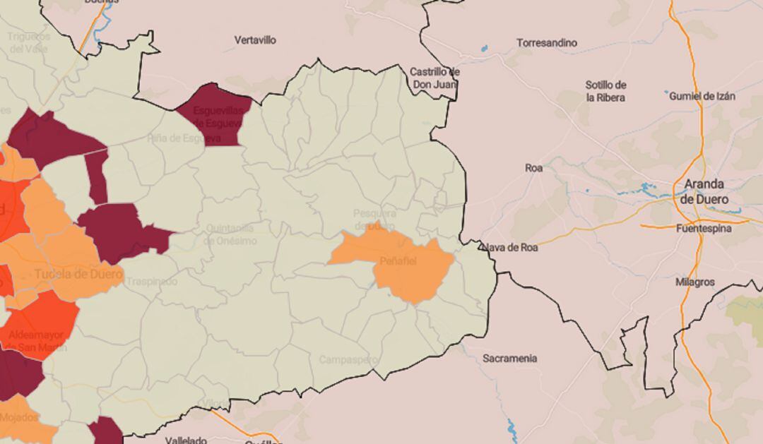 El mapa del Servicio de Epidemiolgía de la Junta refleja el descenso de la pandemia en la villa peñafielense y la &#039;nueva normalidad&#039; de Quintanilla de Onésimo.