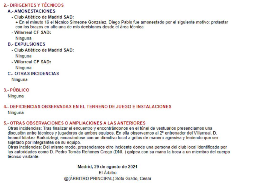 Acta del partido entre el Atlético y el Villarreal