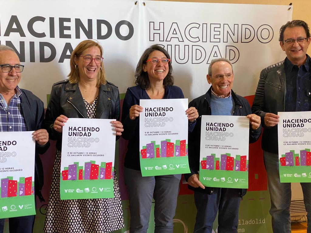 Marcelino Flórez (Equo), Rocío Anguita (Izquierda Unida), María Luisa López Municio (coportavoz de VTLP), Urbano Blanco (Alianza Verde) y Juanan García (Podemos Valladolid)