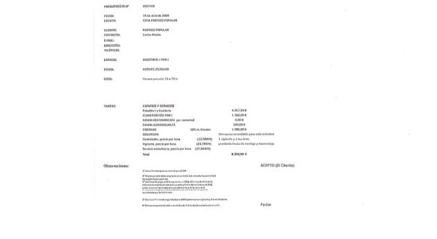Factura de la cena en IFA del PP, organizada por el presidente Mazón en 2009