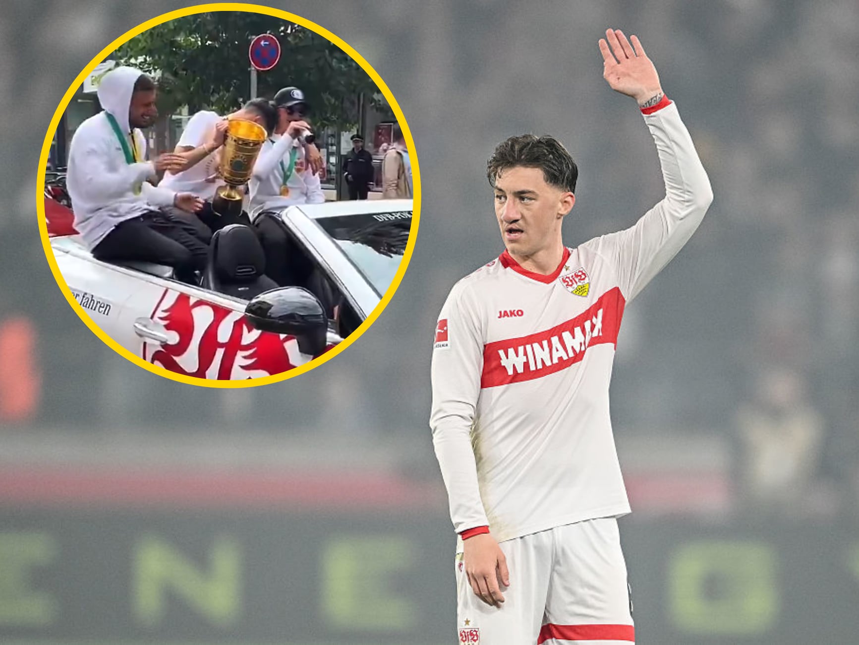 Angelo Stiller de fondo y él junto a sus compañeros en la celebración en el círculo superior