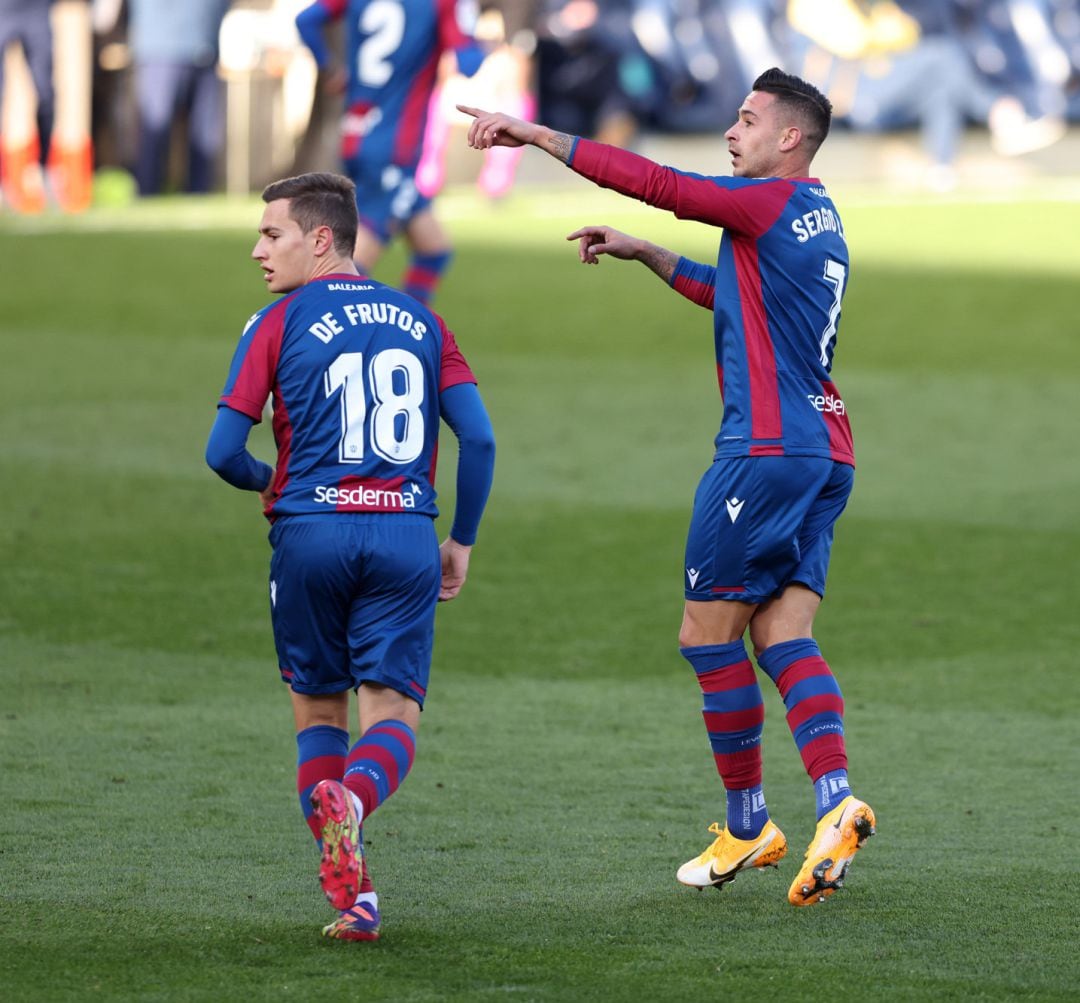 Sergio Leon of Levante celebrates after scoring their team&#039;s first goal during the La Liga Santander match between Villarreal CF 