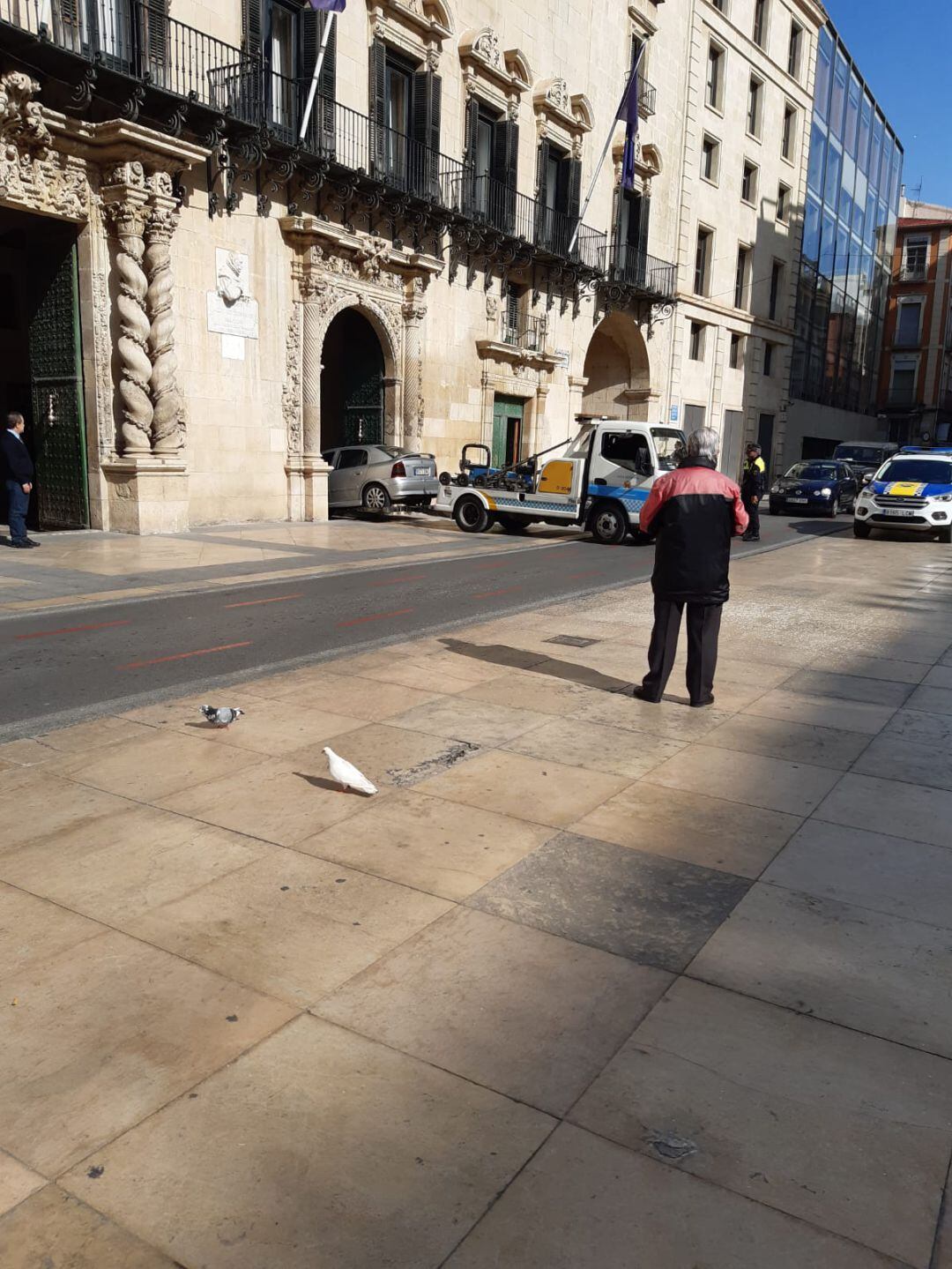 Imagen de la grúa municipal llevándose el coche aparcado en el interior del Ayuntamiento de Alicante